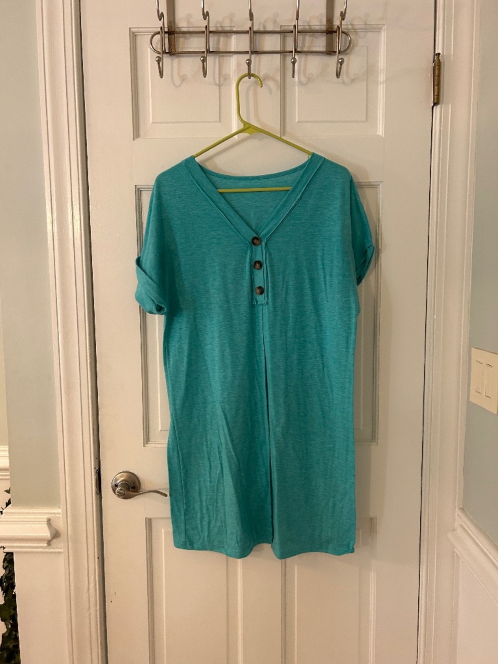 Teal Turquoise Short Sleeve Tunic Top Button Front V Neck Casual